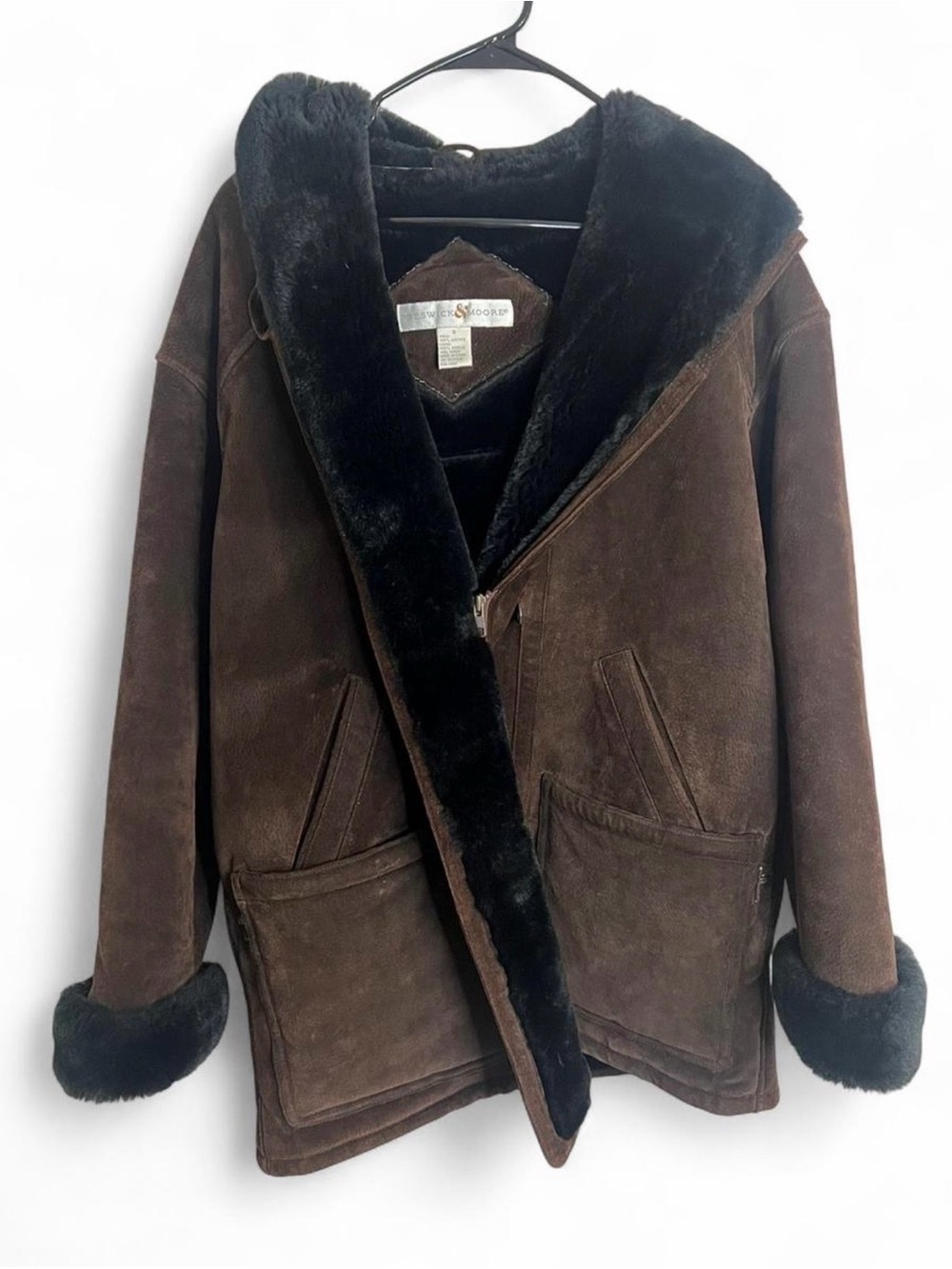 Preswick & Moore Dark Brown Shearling Puffer Jacket with Black Fur Trim